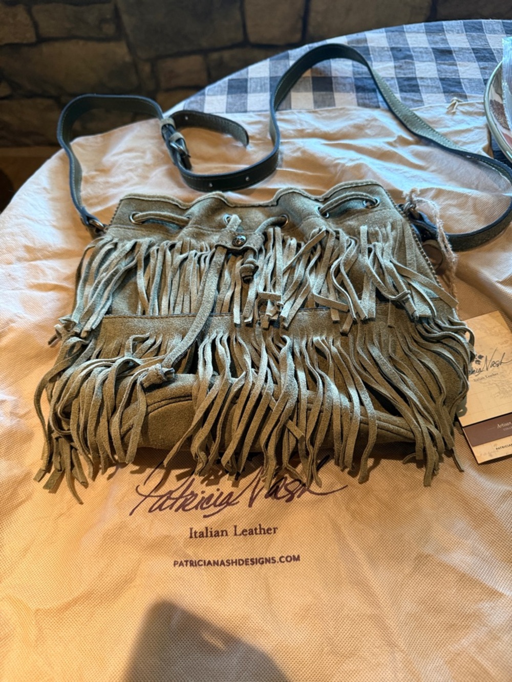 PATRICIA NASH Bronte olive green suede fringe boho crossbody bucket bag NWT - Picture 5 of 5